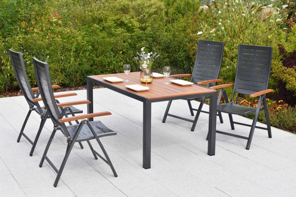 Merxx Tinos Set 5-teilig, 4 Tinos Klappsessel, folierte Armlehnen, Holzoptik, 1 Tisch 150 x 90 cm, folierte Tischplatte, Holzoptik, Aluminium, 50344-217