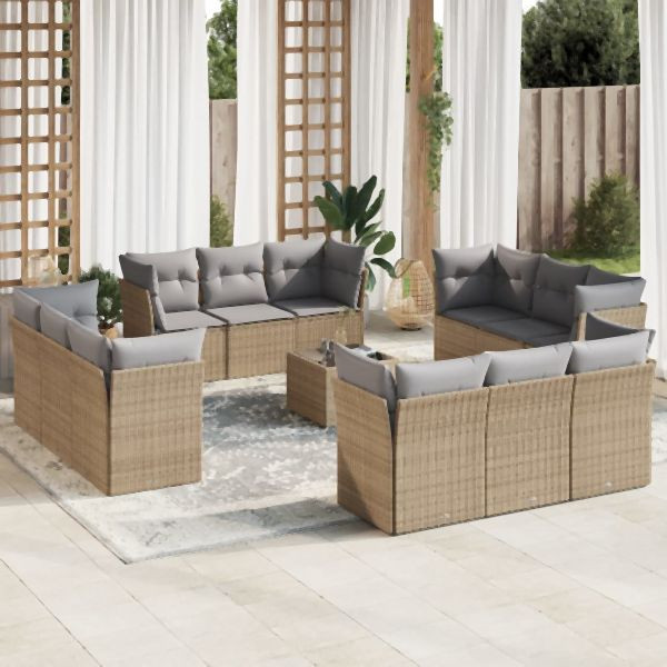 vidaXL 13-tlg. Garten-Sofagarnitur mit Kissen Beige Poly Rattan, 3249178