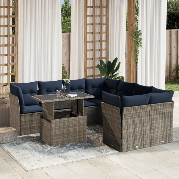 vidaXL 9-teiliges Gartensofa-Set mit Kissen, grau, Polyrattan, 3266431
