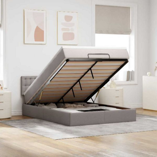 vidaXL Ottomanische Bett mit Matratze & LEDs Taupe 140x190 cm Stoff, 3312475