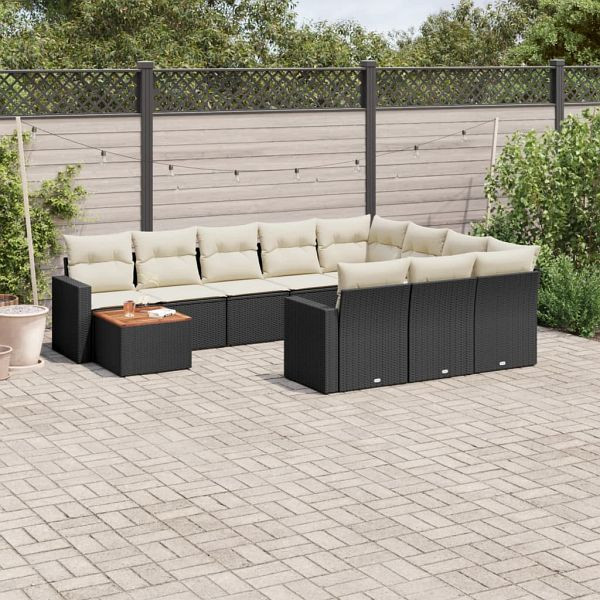 vidaXL 11-tlg. Garten-Sofagarnitur mit Kissen Schwarz Poly Rattan, 3256637