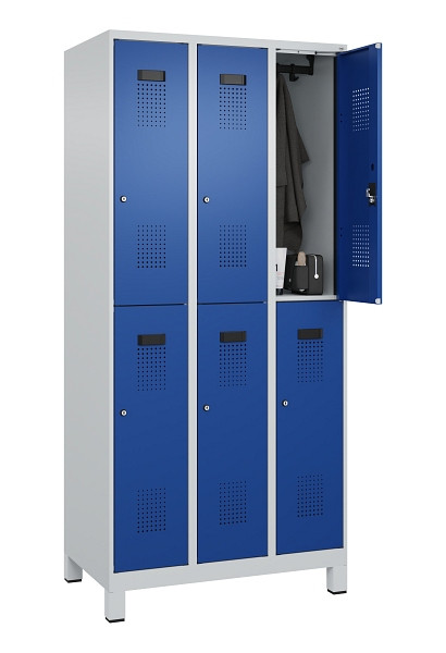 C+P Doppelstöckiger Spind Evolo PLUS, mit Füßen, 6 Fächer, 1950x900x500mm, 7035, Frontfarbe RAL 5010 Enzianblau, Zylinderschloss, 049310-30 S10033
