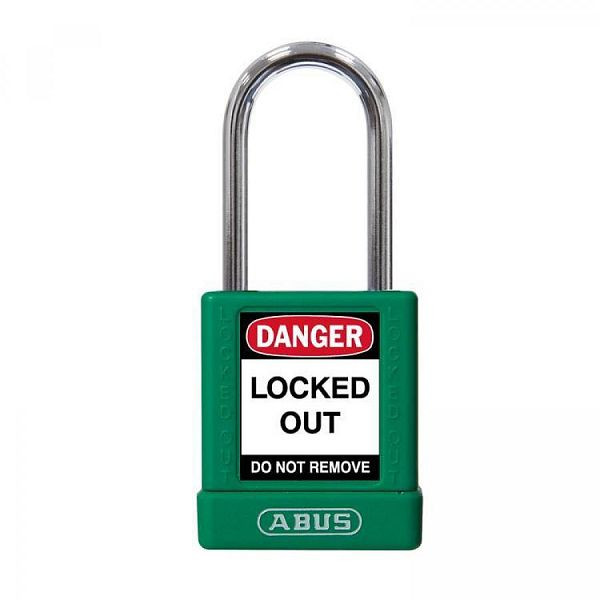 Abus Safety Schloss, 40 mm, Aluminiumkörper kunststoffummantelt, ohne Bügelüberzug, mit Warnaufklebern 74BS/40 grün, VE: 6, 77570 3