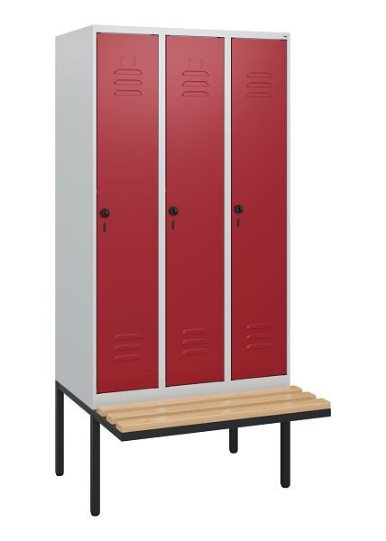 C+P Umkleidespind Classic PLUS, 3 Abteile, 1950x900x815mm, 7035/3003, Drehriegel, Buche-Sitzleisten, 0800405-30 S10001