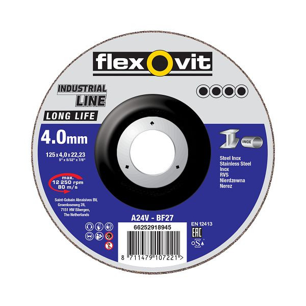 Flexovit LONG LIFE Schruppscheibe Metall-Inox, A 24 V-BF27 LONG LIFE, Durchmesser: 115 mm, Stärke: 4 mm, VE: 20 Stück, 66252829194