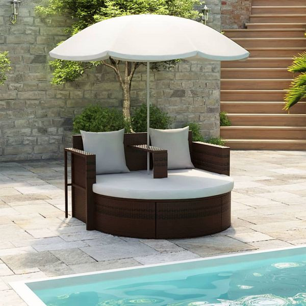 vidaXL Gartenbett mit Sonnenschirm Braun Poly Rattan, 40734