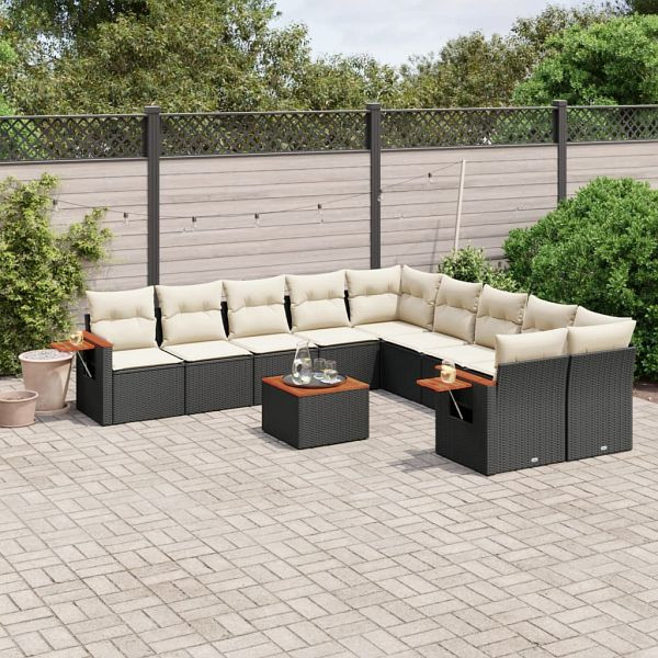 vidaXL 11-teilig Garten-Sofagarnitur mit Kissen Schwarz Poly Rattan, 3227197