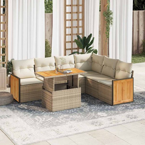vidaXL 7-tlg. Garten-Sofagarnitur mit Kissen Beige Poly Rattan Akazie, 3327719