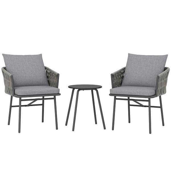 Outsunny 3-teiliges Außenmöbel-Set, 2 Stühle, 1 Tisch, Bistro-Set, Kunst-Rattan, Stahlrahmen, Metalltisch, 4 Kissen, Grau, 863-183V00GY