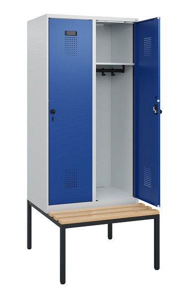 C+P Spind Evolo PLUS, 2 Abteile, 1950x800x815mm, 7035/5010, Drehriegel, Sitzfläche Buche-Hartholz, Sitzbank, 0490505-22 S10006