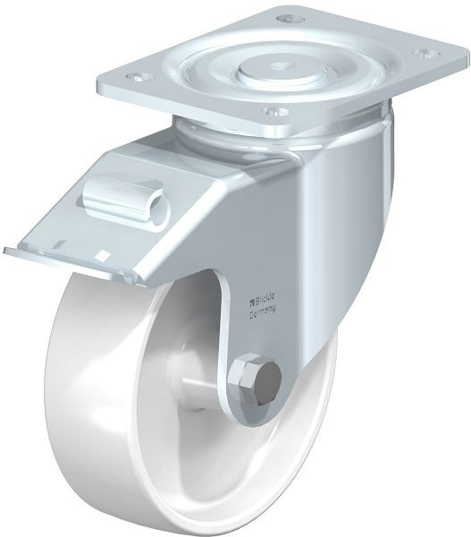 Blickle LH-PO 150G-FI Stahlblech-Lenkrolle, Schwerlast-Ausführung, mit Anschraubplatte & Feststeller, Polyamid, Weiß, 537902