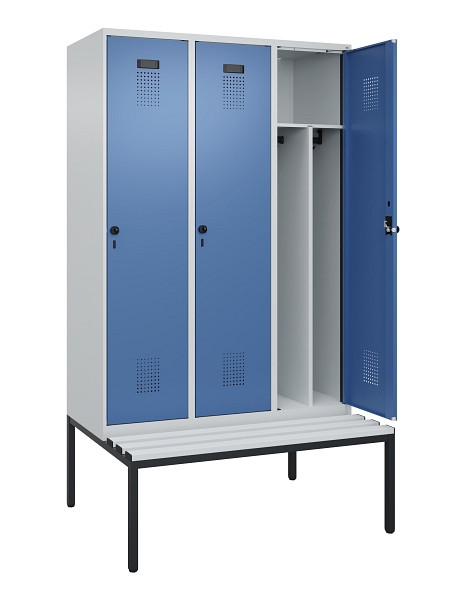 C+P Spind Evolo PLUS, 3 Abteile, 2120x1200x815mm, 7035/5023, Haken 4, Drehriegel, Sitzfläche Kunststoff, Sitzbank, Trennwand, 0490507-32F S10062