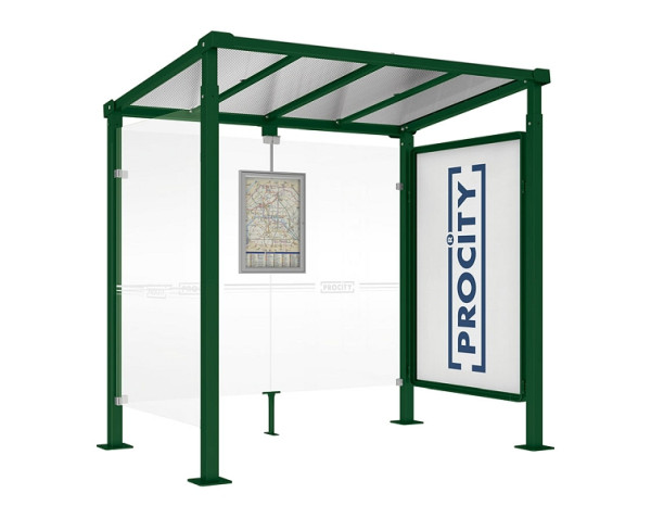 Procity Wartehalle Milano - 1 Schaukasten 2000 + 1 Seitenverkleidung, Farbe RAL 6005, Maße: Breite 2500 x Höhe 2545 x Tiefe 1824 mm, 529246.6005