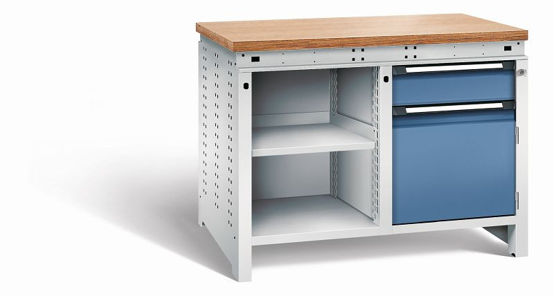 Otto Kind Werkbank Serie function Typ 211, Multiplexplatte 40 mm, bündig, 2x Unterbau, Gehäuse RAL 7035, Front RAL 5023, 072341164