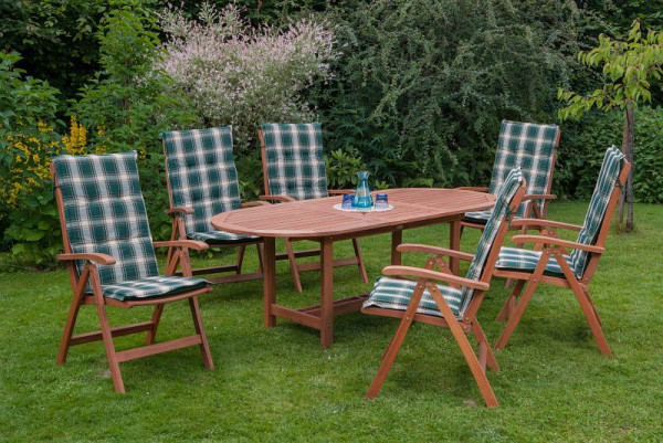 Merxx La Plata Set 13-teilig, 6 La Plata Klappsessel, 6 Wendekissen, grün kariert / grün uni, 1 Ausziehtisch oval 160 (210) x 90 cm, 50027-100