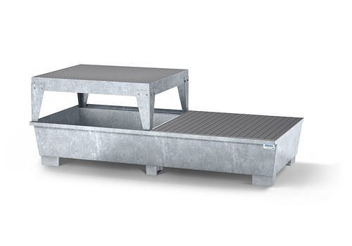 DENIOS Auffangwanne classic-line für 2 IBC, verzinkt, Abfüllbock und Gitterrost, 273870