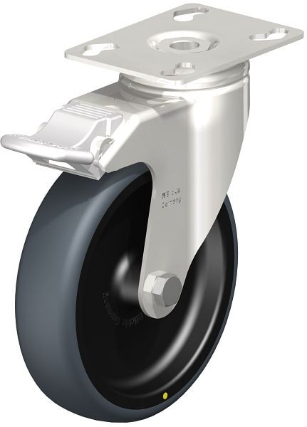 Blickle LKPXA-TPA 126G-FI-ELS Edelstahl-Apparate-Lenkrolle mit Anschraubplatte & Feststeller, Thermoplastisches Gummi-Elastomer, Grau, 647388