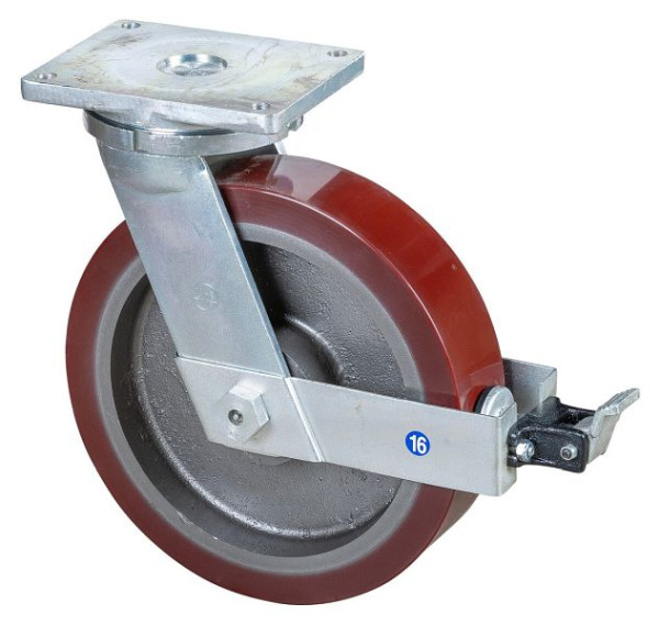 BS Rollen Schwerlastrolle mit Rad-/Feststeller, Breite 100 mm, Ø400 mm, bis 3500 kg, Guss-Polyurethan 95 Shore A, Körper Guss, Kugellager, RR120.C10.401