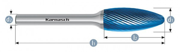 Karnasch Hartmetall-Frässtift Blue-Tec beschichtet Flamme/ HP-5 d1=12 / l2=32 / d2=6 / l1=77mm, 115073025