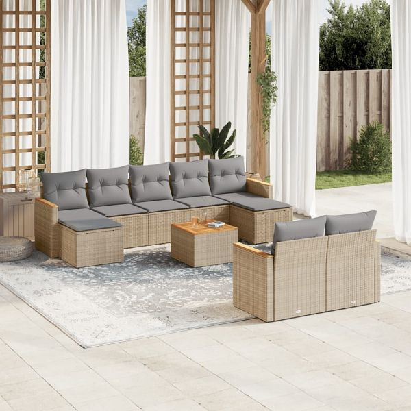 vidaXL 10-teilig Garten-Sofagarnitur mit Kissen Beige Poly Rattan, 3258811