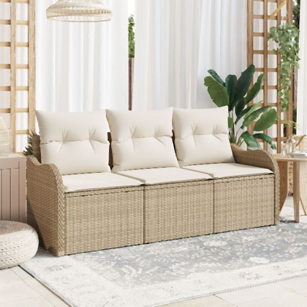 vidaXL 3-teiliges Garten Sofa Set mit Kissen Beige Poly Rattan, 3345561