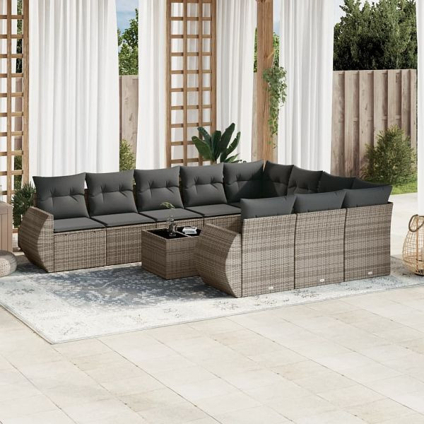 vidaXL 11-teilig Garten-Sofagarnitur mit Kissen Grau Poly Rattan, 3254237