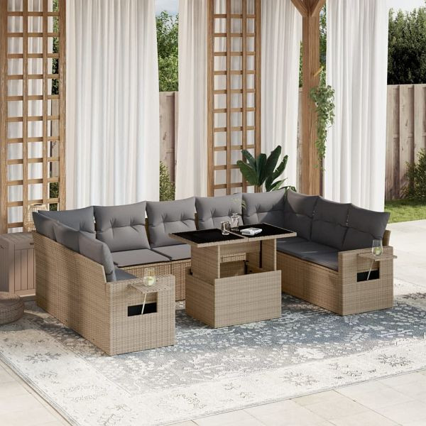 vidaXL 10-teilig Garten-Sofagarnitur mit Kissen Beige Poly Rattan, 3268109