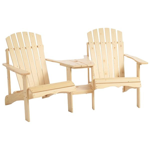 Outsunny Adirondack Gartenstuhl mit Tisch und Schirmloch 2 Sitzer Gartensessel Sitzgruppe Gartenmöbel für Balkon Massivholz Natur, 84B-396ND