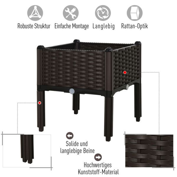 Outsunny Hochbeet 2-teiliger Pflanzkasten mit Abflusslöchern Blumenkasten im Rattan-Look PP Braun 40 x 40 x 44 cm, 845-290V01