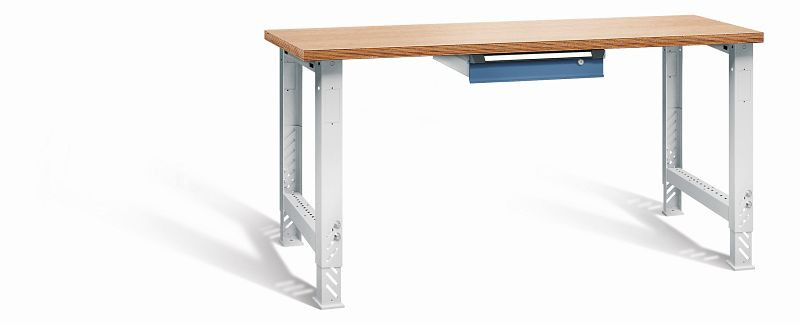 Otto Kind Werkbank function Typ 1697S, überstehende Multiplex-Arbeitsplatte, 2 höhenverstellbare Fußgestelle, Gehäuse RAL 7035, Front RAL 5023, 072180064