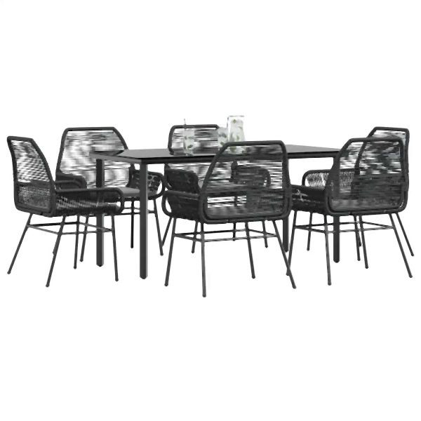 vidaXL 7-teilig Garten-Essgruppe mit Kissen Schwarz Poly Rattan Glas, 3334566