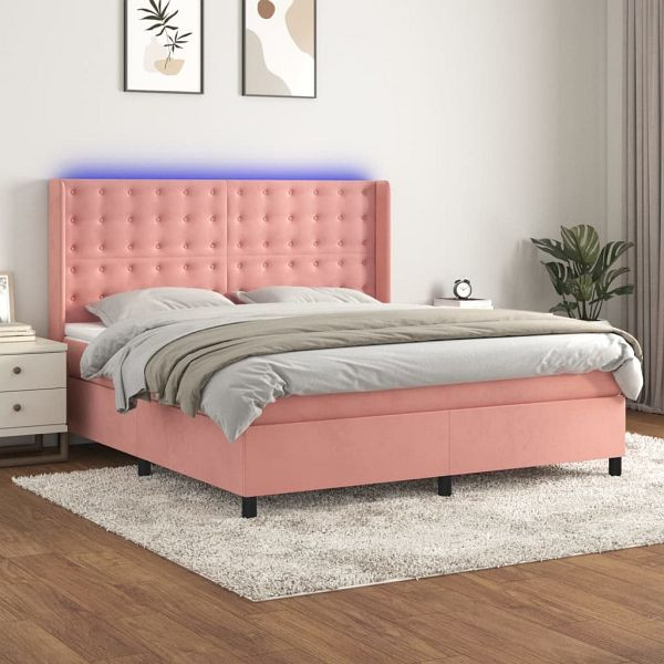 vidaXL Boxspringbett mit Matratze & LED Rosa 160x200 cm Samt, 3139816