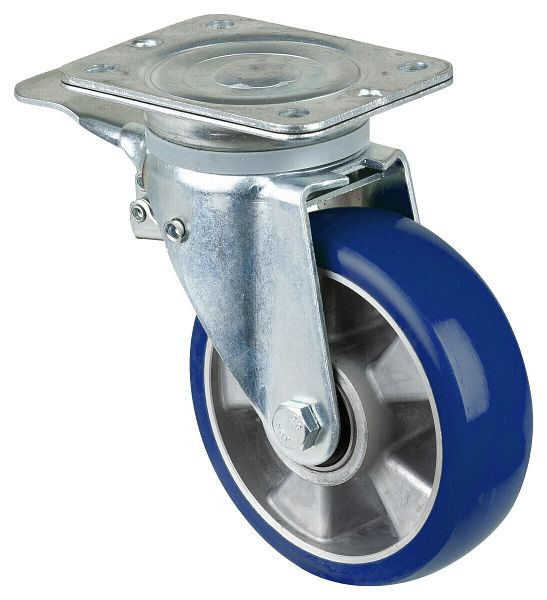 BS Rollen Schwerlastrolle Lenkrolle mit Feststeller, Polyurethanrad 83 Shore, Aluminiumfelge, Kugellager, Platte, Durchmesser: 160 mm, N120.B92.160