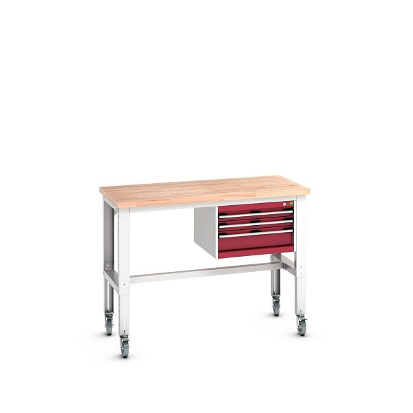 bott cubio Werkbank mobil mit Hängeschrank 3 Schubladen, Rotbuche, höhenverstellbar, BxTxH: 1500x750x840-1140mm, Rotbuche RAL 7035/3004, 41003484.24V