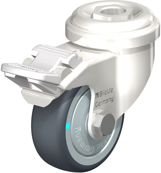Blickle LRXA-TPA 50KD-FI-FK Edelstahl-Apparate-Lenkrolle mit Rückenloch & Feststeller, Thermoplastisches Gummi-Elastomer, Grau, 755003