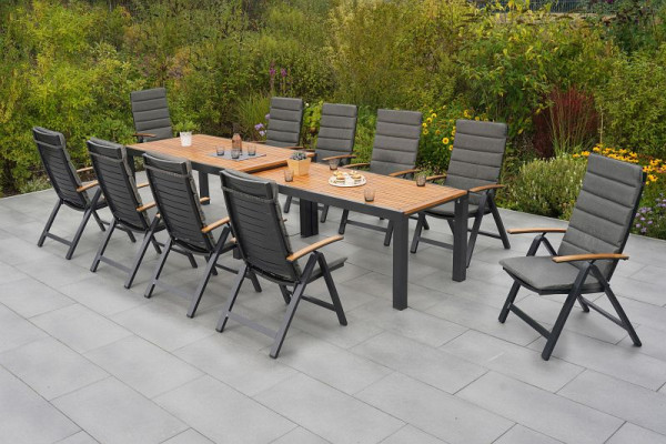 Merxx Astros Set 21-teilig, 10 Astros Klappsessel, 10 Kissen, grau, 1 Flex Ausziehtisch 180 (300) x 100 cm, Aluminium mit FSC Akazienholz, 50631-800