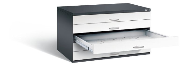 C+P Flachablageschrank Serie 7100_7200, H760xB1350xT960mm, Farbe: Schwarzgrau / Verkehrsweiß, Bügelgriff, 7201-100 S10270