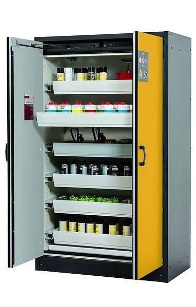 asecos Sicherheitsschrank Q-CLASSIC-30, Q30.195.116 in sicherheitsgelb RAL 1004 mit 6x Auszugswanne Standard (Stahlblech), 31003-060-30017