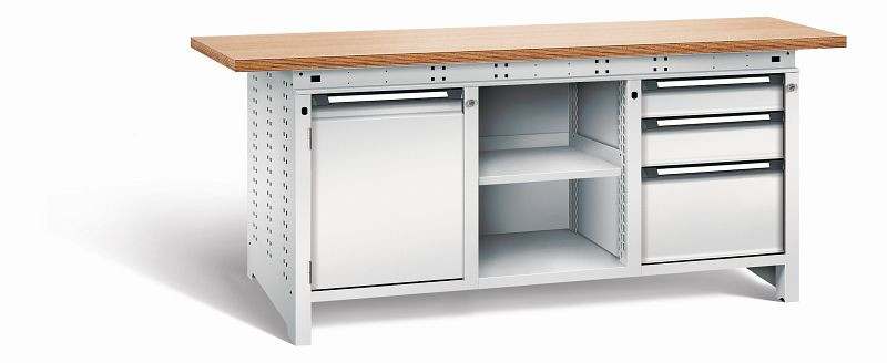Otto Kind Werkbank Serie function Typ 307, Multiplexplatte 40 mm, überstehend, 2x Unterbau + mittleres Feld, komplett RAL 7035, 072362217