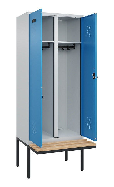 C+P Schwarz-Weiß-Spind Evolo PLUS, Bank, 2 Abteile, 2120x800x815mm, 7035/5012, Drehriegel, Sitzfläche Holz, 0490427-22 S10007