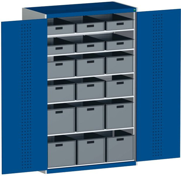 bott cubio Flügeltürschrank bestückt mit 6 Fachböden, 18 Euroboxen BxTxH: 1300 x 650 x 2000 mm, RAL 7035/5010, 40022066.11V