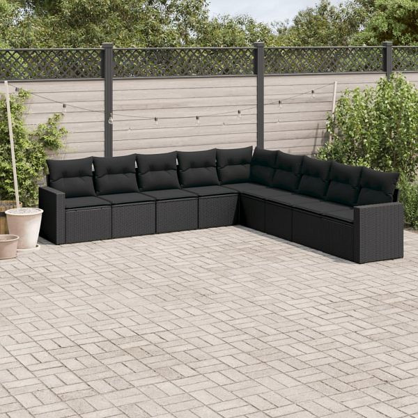 vidaXL 9-tlg. Garten-Sofagarnitur mit Kissen Schwarz Poly Rattan, 3219075