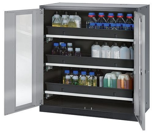asecos Chemikalienschrank Systema-T CS-103G, Korpus anthrazit, Flügeltüren silber, 3 Tablarauszüge, 208831