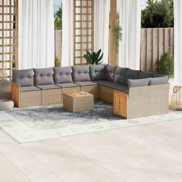 vidaXL 11-tlg. Garten-Sofagarnitur mit Kissen Beige Poly Rattan, UV-beständig, 3228040