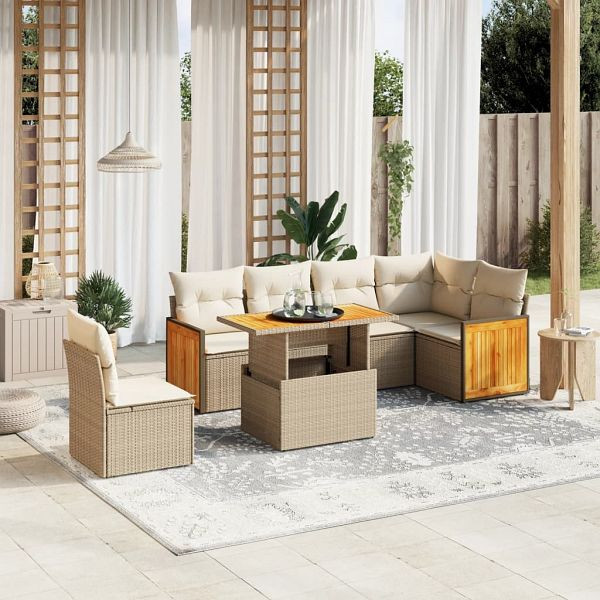 vidaXL 7-teilig Garten-Sofagarnitur mit Kissen Beige Poly Rattan, 3273984