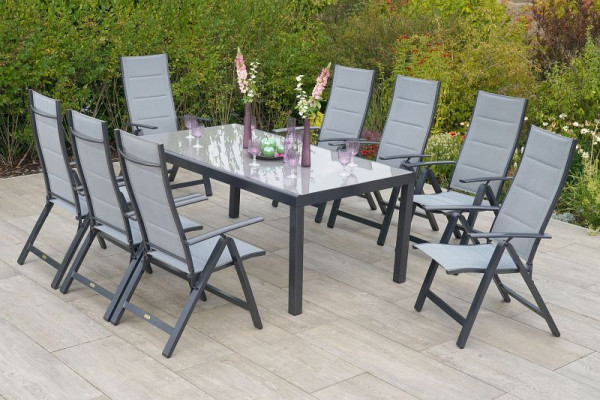 Merxx 9-teilig Florenz Set, 8 Florenz Klappsessel, gepaddet, Graphit/grau, 1 Tisch, Halbrundprofil, 190 x 100 cm, 50684-309