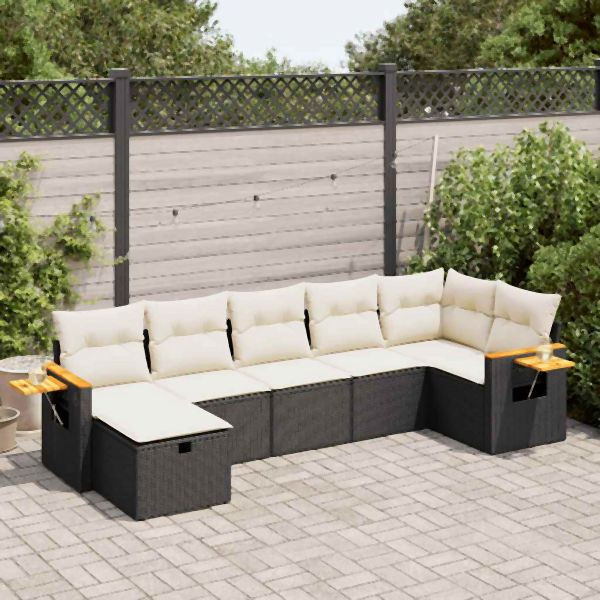 vidaXL 7-tlg. Garten-Sofagarnitur mit Kissen Schwarz Poly Rattan, 3325983