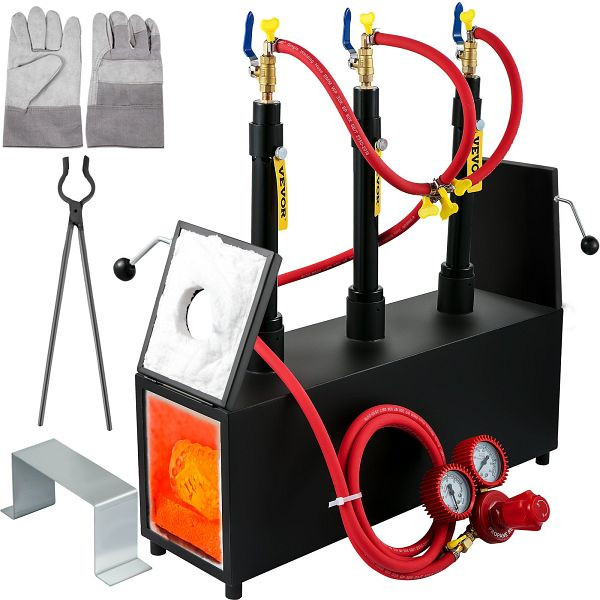 VEVOR Gas Schmiedeofen 1350 °C, Brenner Schmiede 15 L, Schmiedeofen drei Brenner Zweitürig Auskleidung mit Aluminiumsilikatfaser, FXSMDZYLDJQDZC9BGV0