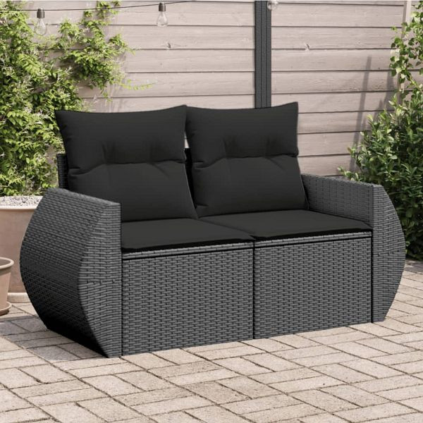 vidaXL Gartensofa mit Kissen 2-Sitzer Schwarz Poly Rattan, 365991