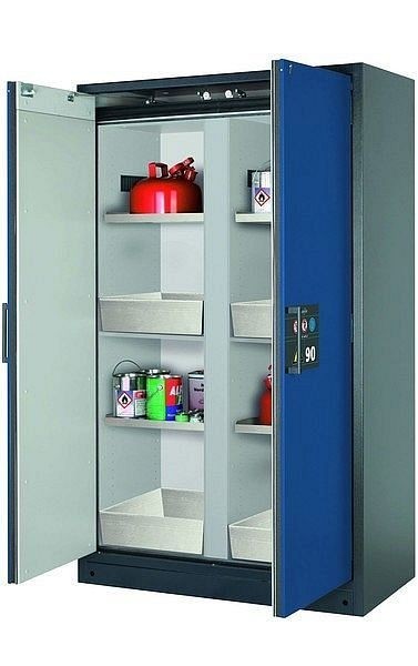 asecos Sicherheitsschrank Q-CLASSIC-90, Q90.195.120.MM in enzianblau RAL 5010 mit 4x Fachboden (Edelstahl), 34192-047-34205